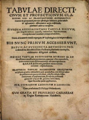 Tabulae directionum et profectionum Ioannis Regiomontani : non tam astrologiae iudiciariae, quam tabulis & instrumentis astronomicis vriis conficiendis plurimum utiles ac necessariae