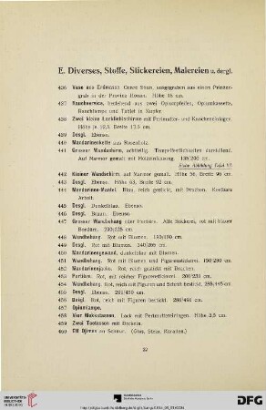 E. Diverses, Stoffe, Stickereien, Malereien u. dergl. (Nr. 436-534)