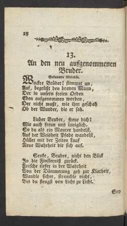 13. An den neu aufgenommenen Bruder. Bekannte Melodie.