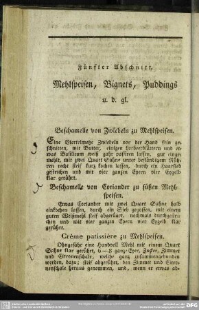 Fünfter Abschnitt. Mehlspeisen, Bignets, Puddings u. d. gl.