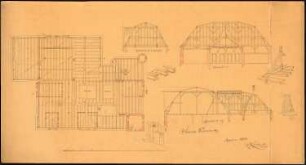 Schloss Kaminietz Erweiterung: Grundriss Dachbalkenlage, Schnitte Dachstuhl, Details, Maßstabsleiste