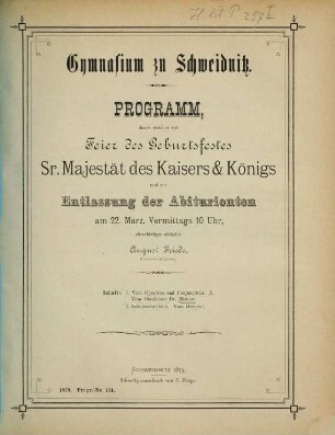 Programm : durch welches zur Feier des Geburtsfestes Sr. Majestät des Kaisers und Königs und zur Entlassung der Abiturienten ... einladet, 1878/79