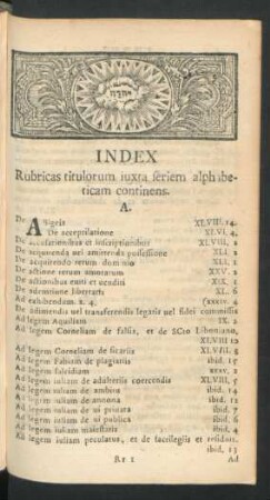 Index Rubricas titulorum iuxta seriem alphabeticam continens.