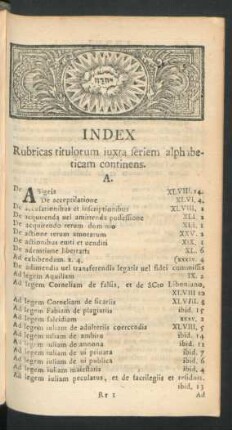 Index Rubricas titulorum iuxta seriem alphabeticam continens.
