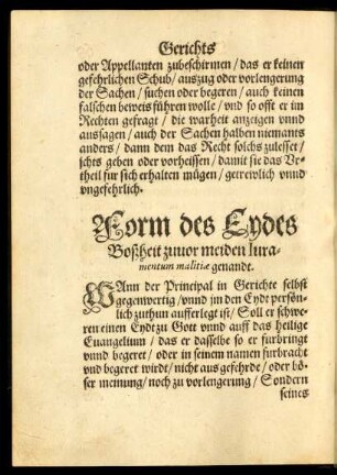 Form des Eydes Boßheit zuvor meiden Iuramentum malitiae genandt.