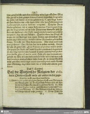 Das V. Capittel. Daß die Lutherische Religion der absoluten Oberherrschafft mehr als andere weder zugethan sey, noch zugethan seyn könne