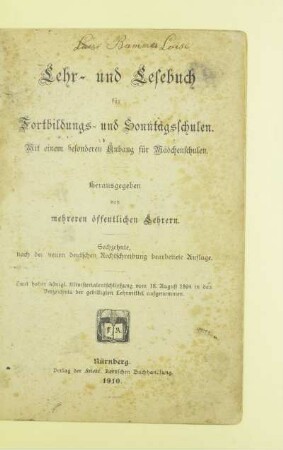 Lehr- und Lesebuch für Fortbildungs- und Sonntagsschulen : mit einem besonderen Anhang für Mädchenschulen