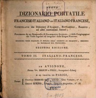 Nouveau Dictionnaire portatif françois-italien et italien-françois, 2. Nuovo Dizionario portatile francese-italiano ed italiano-francese