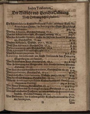 Index Titulorum Der Wilkühr und GerichtsOrdnung Nach Ordnung deß Alphabeti.