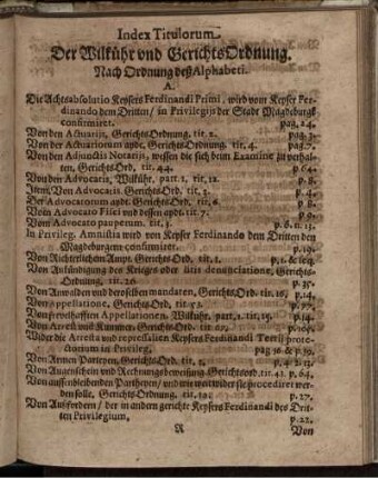 Index Titulorum Der Wilkühr und GerichtsOrdnung Nach Ordnung deß Alphabeti.