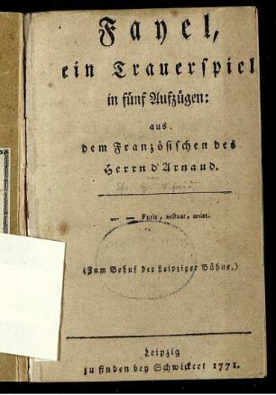 Fayel : ein Trauerspiel in fünf Aufzügen ; (Zum Behuf der Leipziger Bühne)