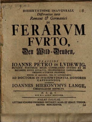 Dissertatione inaug. differentias iuris Romani et Germanici in ferarum furto