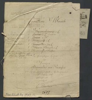 Marches, banda, C-Dur - BSB Mus.Schott.Ha 2513-2 : [title page] Cavallerie Marsch // für // 2 Klappenhörner in C. // 2. [crossed out:] Clarini [corrected in:] Trompeten in C. // 2 [crossed out:] Clarini [corrected in:] Trompeten in F. // 1 Prinzipal in C. // 1 [crossed out:] Trompette [corrected in:] Trompeten in hoch C. // 3 Posaunen [added: Serpent // oder Bass Horn // ad lib.] und Pauken // Sr königlichen Hoheit // dem // Prinzen // Alexander von Preussen // zur Feier höchstdesselben Geburtsfestes // den 21|t|e|n Junius 1827 // Ehrfurchtsvoll // gewidmet // von // C. Fischer