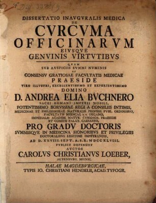 Diss. ... de curcuma officinarum, eiusque genuinis virtutibus