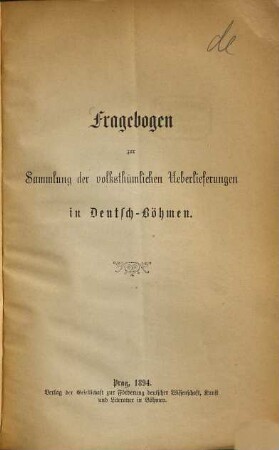 Fragebogen zur Sammlung der volksthümlichen Ueberlieferungen in Deutsch-Böhmen