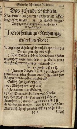 Das zehende Büchlein. Darinnen enthalten/ mehrerley Theilungs-Rechnungen [...]