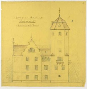 Aufriss des Schlosses Glaubitz östlich von Riesa mit Giebeln und Turm, Variante 1, Entwurf für den Umbau für den damaligen Besitzer Theodor Bienert von 1906