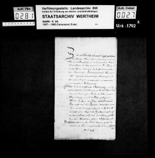 Benannte kaiserliche Subdelegierte errichten einen Vergleich zwischen dem Kloster Bronnbach und der Gemeinde Reicholzheim über die Schäferei und das Kleehegen.