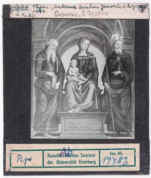 Pietro Perugino: Thronende Madonna zwischen Hl. Jakobus und Hl. Augustinus. Cremona, S. Agostino