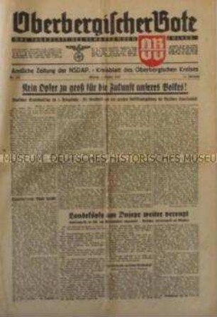 Kreiszeitung der NSDAP "Oberbergischer Bote" zum Erntedanktag 1943 und zum Kriegsgeschehen