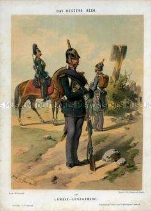 Uniformdarstellung, Gendarmen der Gendarmerie zu Fuß und zu Pferd, Österreich, 1848/1854. Tafel 147 aus: Gerasch: Das Oesterreichische Heer.