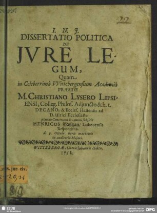 Dissertatio politica de jure legum