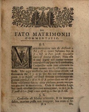 Commentatio Ivridica De Fato Matrimonii Vvlgo Die Ehen werden im Him[m]el gemacht : Ex Meris Rectae Rationis Et Solidioris Philosophiae Principiis Adornata