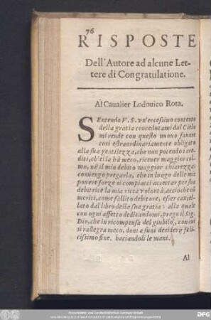 Risposte Dellߴ Autore ad alcune Lettere di Congratulatione.