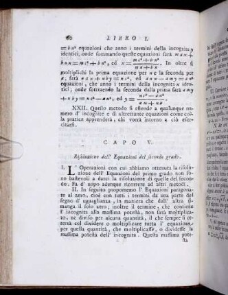Capo V. Risoluzione del' Equazione del secondo grado.