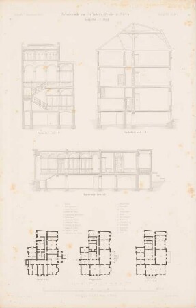 Wohngebäude Viktoriastraße, Berlin: Grundriss Souterrain, EG, 1.OG Schnitt AB, Schnitt CD, Schnitt EF (aus: Atlas zur Zeitschrift für Bauwesen, hrsg. v. G. Erbkam, Jg. 8, 1858)