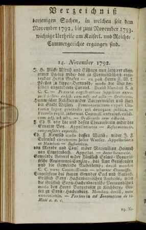 Verzeichniß derjenigen Sachen, in welchen seit dem November 1792, bis zum November 1793. wichtige Urtheile am Kaiserl. und Reichs-Cammergerichte ergangen sind.
