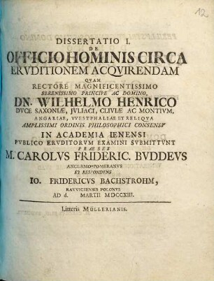 Dissertatio I. De Officio Hominis Circa Ervditionem Acqvirendam