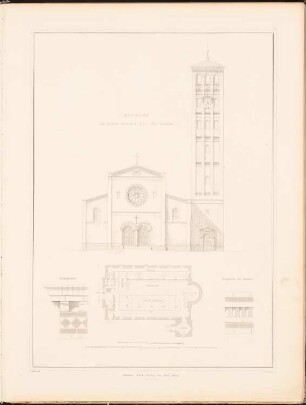 Kirche mit 1272 Sitzen: Ansicht, Grundriss, zwei Details (aus: Entwürfe zu Kirchen, Pfarr- und Schulhäusern, hrsg. von der Kgl. Preuß. Oberbaudeputation, 1845-1855)
