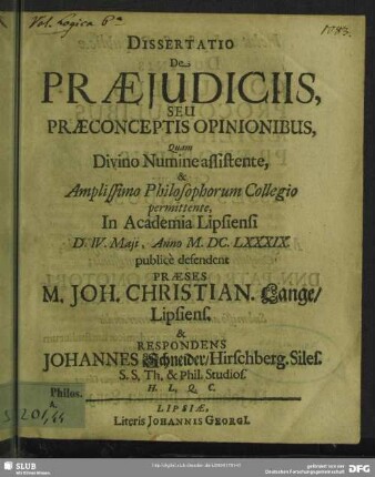 Dissertatio De Praeiudiciis, Seu Praeconceptis Opinionibus