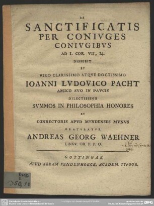 De Sanctificatis Per Coniuges Coniugibus Ad I. Cor. VII, 14.