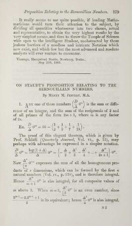 On Staudt's proposition relating to the bernouillian numbers.
