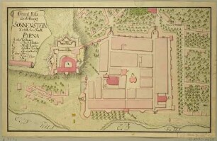 Plan von Pirna mit der Festung Sonnenstein und der Schiffervorstadt sowie sämtlichen Stadttoren, mit einer Legende