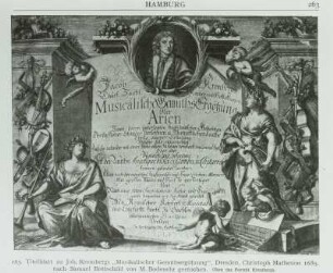 Jacob Krembergs ... Musicalische Gemüths Ergötzung der Arien Samt deren unterlegten hochdeutschen Gedichten ... in Verlegung des Authoris, Kupfertitel. Druck 1689