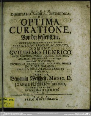 Dissertatio Medica-Methodica De Optima Curatione, ...