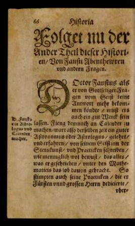 Folget nu der Ander Theil dieser Historien/ Von Fausti Abenthewren und andern Fragen.