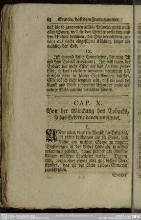 Cap. X. Von der Wickung des Tobacks, so das Gehirne davon empfindet