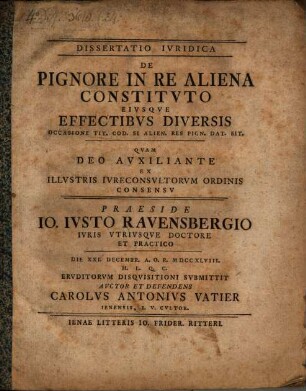 Dissertatio Ivridica De Pignore In Re Aliena Constitvto Eivsqve Effectibvs Diversis