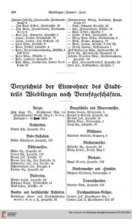 Stadtteil Wieblingen und Grenzhof: Verzeichnis der Einwohner nach ihren Berufsgeschäften