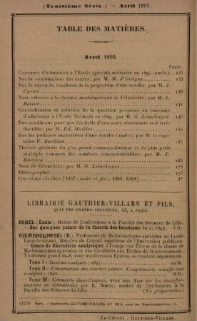 Table des matières. Avril 1895.