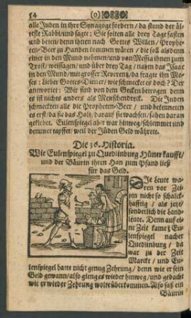 Die 36. Historia,. Wie Eulenspiegel zu Quedlinburg Hüner kaufft/ und der Bäurin ihren Han zum Pfand ließ für das Geld