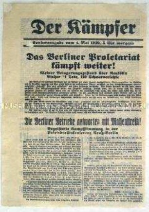 Sonderausgabe der kommunistischen Tageszeitung für den Bezirk Sachsen "Der Kämpfer" zu den Arbeiterunruhen in Berlin