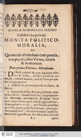 ANDREAE MAXIMILIANI FREDRO Cstellani Leopoliensis MONITA POLITICO-MORALIA, Seu Quomodo vivendum cum paucis, cum populo, ...