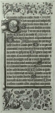 Illumination eines Stundenbuches: Schriftspiegel mit ornamentaler Umrahmung und Initiale mit Flucht nach Ägypten,