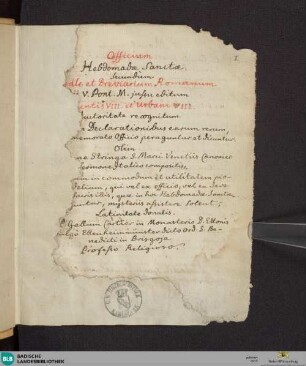 Officium Hebdomadae sanctae sec. missale et brev. Romanum ... c. declarationibus Stringae, Marci Venet canonici - Cod. Ettenheim-Münster 119