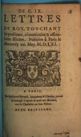 Lettres du Roy touchant les prédicans ... illicites